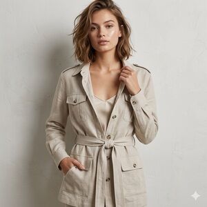 Lord & Taylor Classic Button-Down Linen Safari Utility Jacket with Belt SZ 14